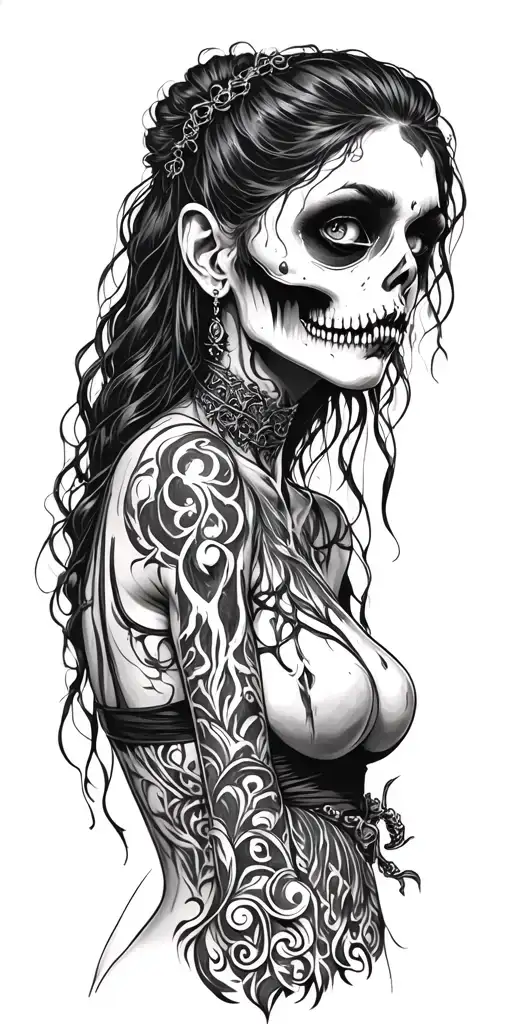 black and white zombie pinup girl that still manages to be hot tattoo design idea