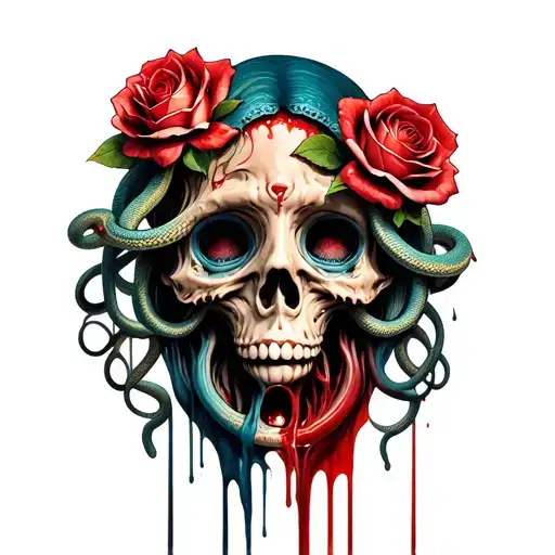 Medussa head with two roses and 8 snakes and blood tears flowing  tattoo design idea