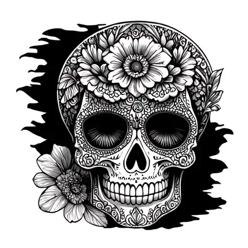 An intricate sugar skull design with elements representing both the client's love for Mexico and their hard-working nature as a truck driver tattoo design idea