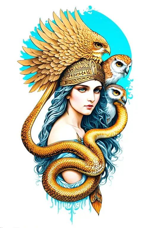 goddess athena with owl and snake tattoo design idea