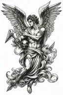 tattoo for men of an angel holding a pendulum with a heart in the center tattoo design idea