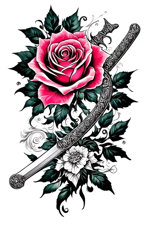 Create a tattoo featuring the rose from Beauty and the Beast and Mulan's katana in a stylized blackwork design tattoo design idea