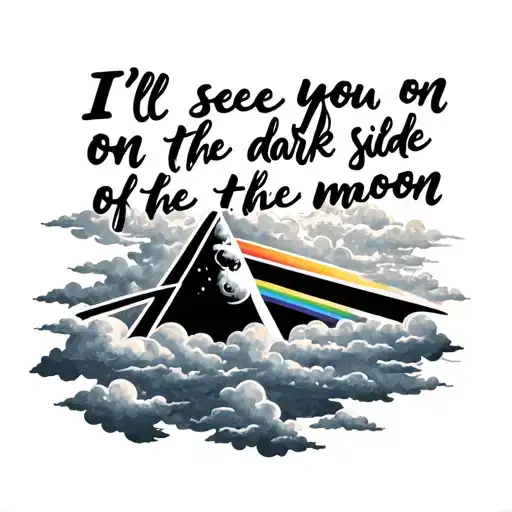 script saying "I'll see you on the dark side of the moon" with a dark side of the moon and clouds - minimalist no extras tattoo design idea