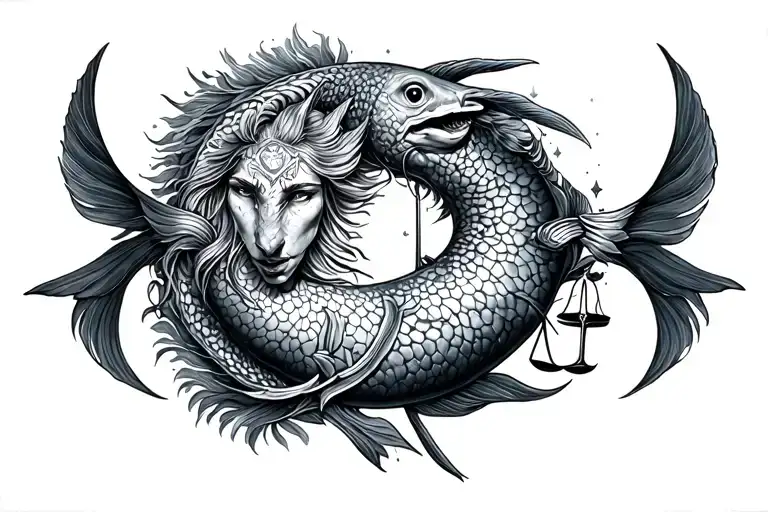 sagittarius and libra surrounded by pisces tattoo design idea