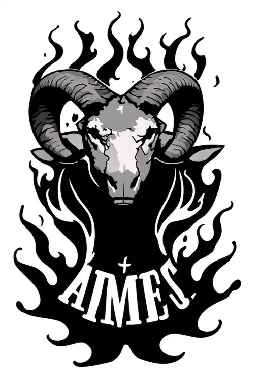 Aries, world map, EMS symbol, flames tattoo design idea