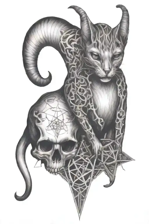 Occult cat with a pentagram intertwined within its skull tattoo design idea