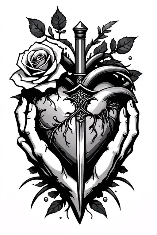 heart with dagger and rose going thru either side with two hands holding it from underneath diagonally, simple tattoo design idea