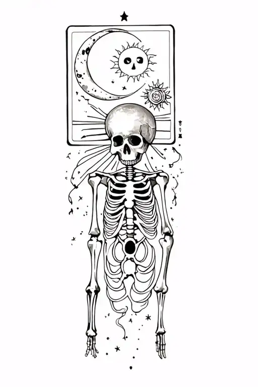 a tattoo of a sun and moon, a skeleton, and a tarot card tattoo design idea