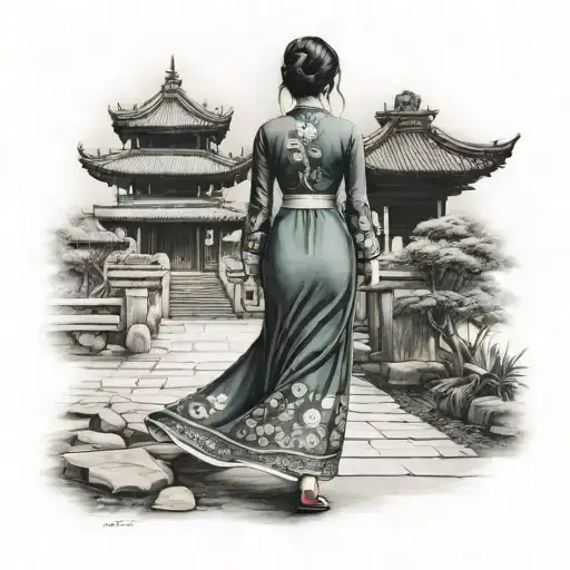 vietnamese woman with ao dai walking away tattoo design idea