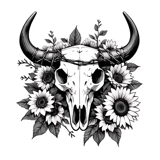 bull skull with barbed wire wrapped around the horns and roses and sunflowers growing through the skull  tattoo design idea