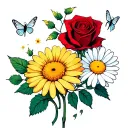 a Calendula, a sparkling chrysanthemum, a morning glory, a red rose, a white daisy, and a sweet pea flower, 2 fireflys tattoo design idea