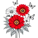 a Calendula, a sparkling chrysanthemum, a morning glory, a red rose, a white daisy, and a sweet pea flower, 2 fireflys tattoo design idea