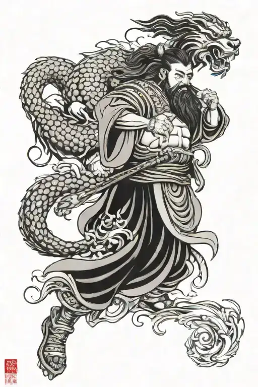 guan yu flowing, with separate foo dog, Japanese style tattoo design idea