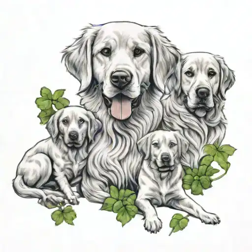 Three dogs, 2 golden retrievers(red and white one) and 1 golden lab. In front of a four leaf clover. only 3dogs inthepic tattoo design idea