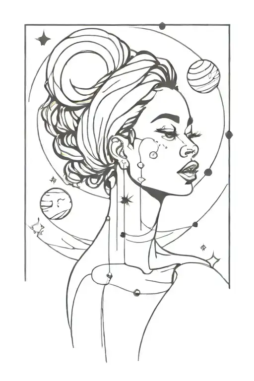 black woman with hair like the universe with planets and stars tattoo design idea