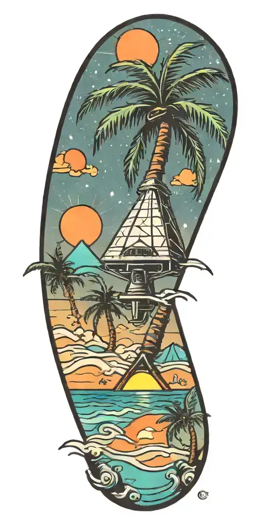 outer space, palm tree, galaxy, pyramid, shoal wintergreen dip can in the sand with a sunset, ray gun,  tattoo design idea