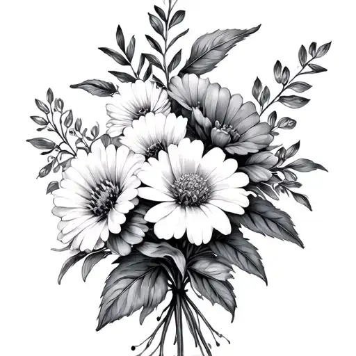birth flower boquet May, December, and April tattoo design idea