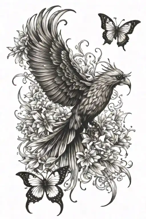 phoenix rising into flowers and butterflies fluttering tattoo design idea
