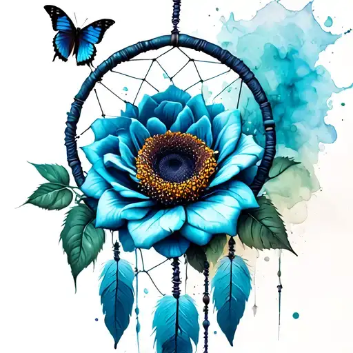 dreamcatcher with a sunflower, a blue rose intertwined on a watercolour background while an admiral butterfly hovers tattoo design idea