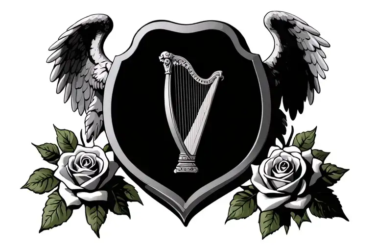 Feeney family crest, irish harp with angel, roses tattoo design idea