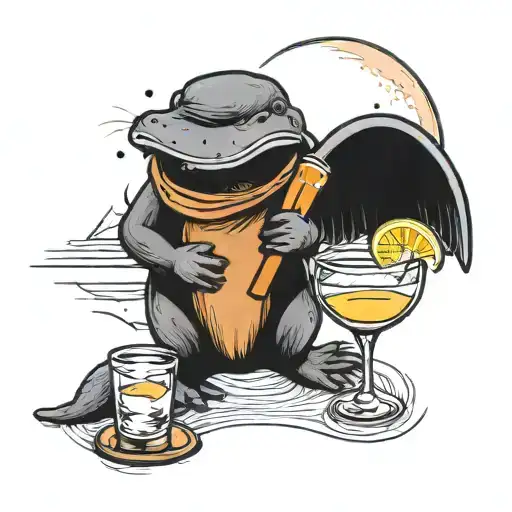A platypus sipping a martini under a crescent moon tattoo design idea