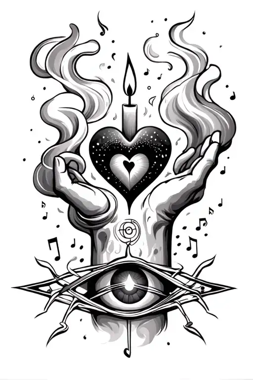 candle on the wrist that causes smoke to cover the entire forearm with inside: a heart, music, an Ophiuchus sign and eye tattoo design idea