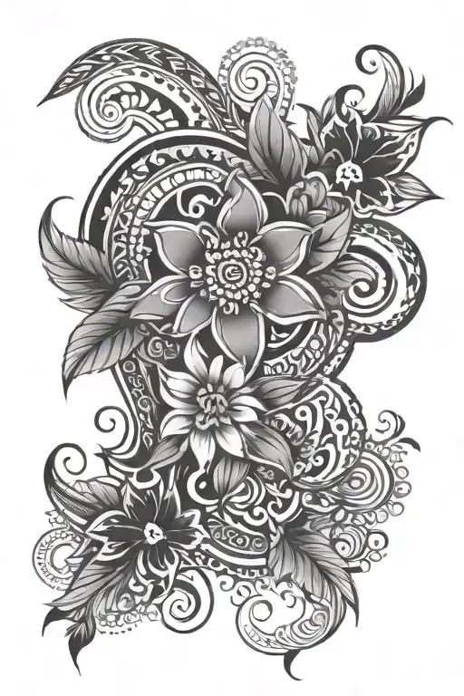 Haiti Tribal Patterns Half Sleeve, Haiti With Vibrant Flowers tattoo design idea