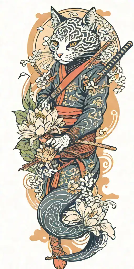 ninja cat holding katana, tail, water, waves, lotus, sakura, clouds, whirlpool, leaves, peony, sunset tattoo design idea