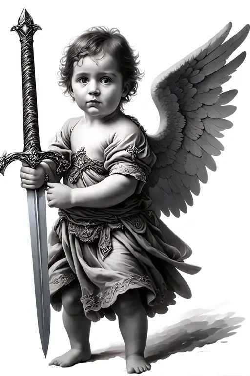 baby angel holding a sword tattoo design idea