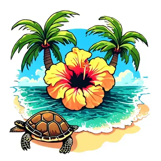 hibiscus turtles palm tree beach sea sun tattoo design idea
