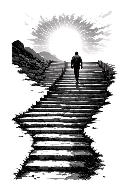 path leading to heaven with stairs, with a man alone from behind walking towards the light tattoo design idea
