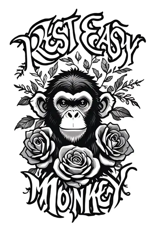 "Rest Easy Monkey" tribal and roses intertwined tattoo design idea