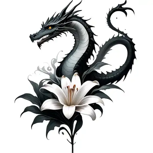 smokey dragon wrapped around lily flower tattoo design idea