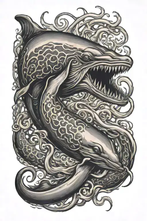 giant squid fighting sperm  whale tattoo design idea