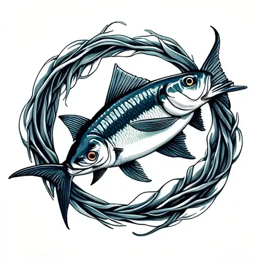 Please develop a tattoo proposal with 2 Adriatic mackerel that bite into the back fin in a circle, in the process tattoo design idea