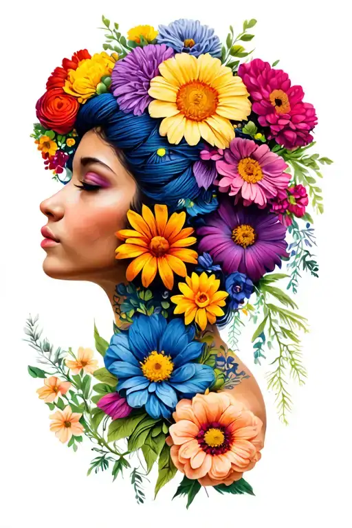 lots of different real flowers in yarn on top of female head side profile. very colorful tattoo design idea