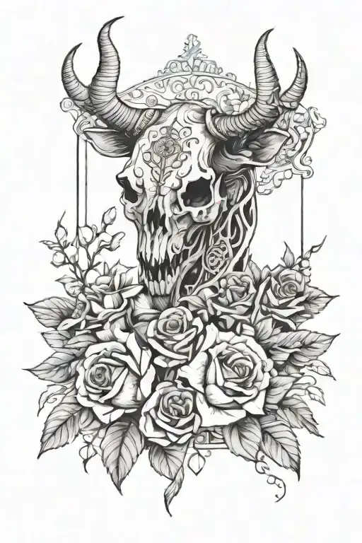 feminine with flowers, ace cards , vines, and a bull skull fine line tattoo design idea