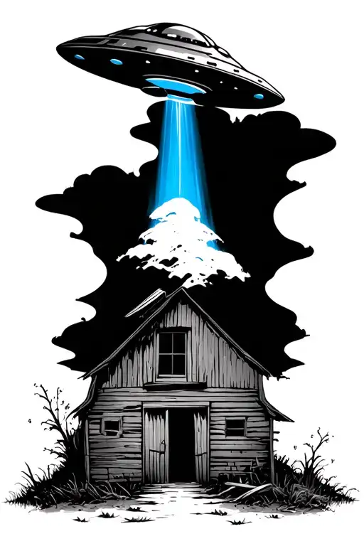 small simple ufo with blue beam over dilapidated barn  tattoo design idea