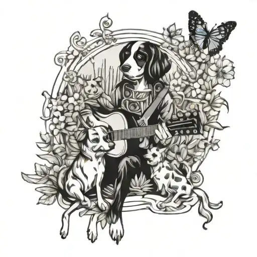 A playful design of a dog and grandkids playing music together in a whimsical garden setting tattoo design idea