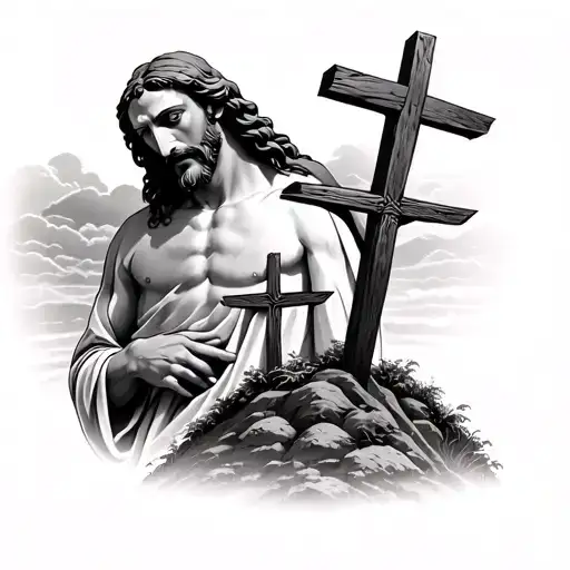 ultra realistic Jesus looking down at 3 crosses on a hill with a sunset in the back ground tattoo design idea