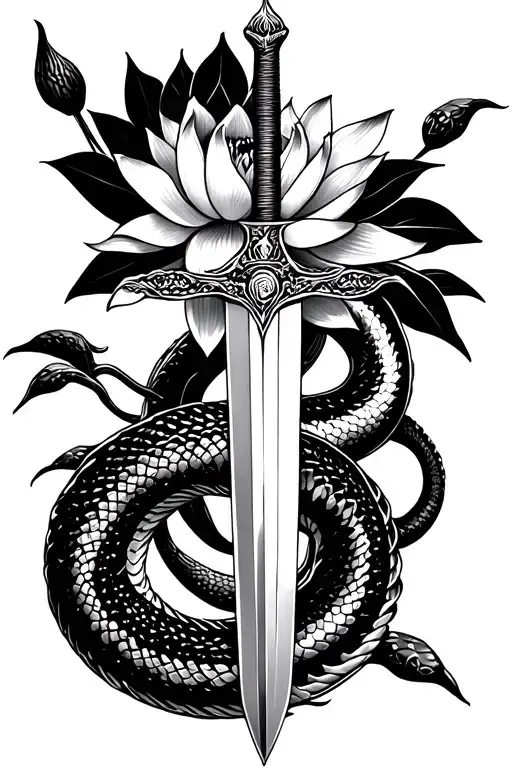 a sword going down with an anaconda around it and a black lotus flower in it tattoo design idea