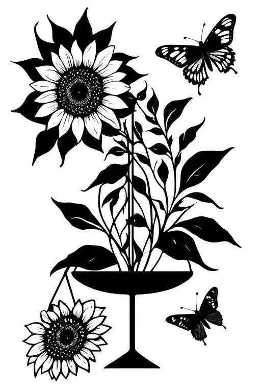 Libra scale with sunflowers and butteflies and cute  tattoo design idea