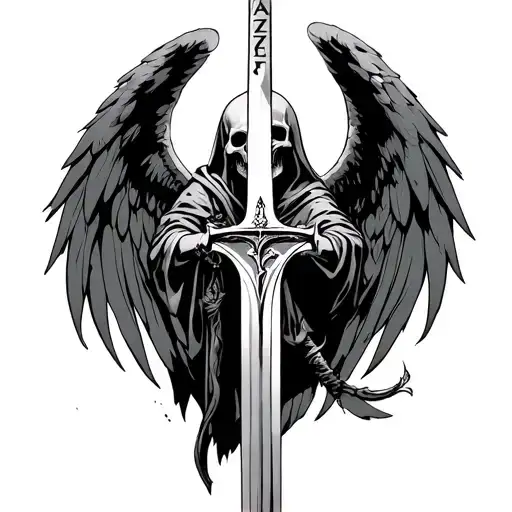 Angel of death holding a sword and on the hilt the name Azrael appears  tattoo design idea