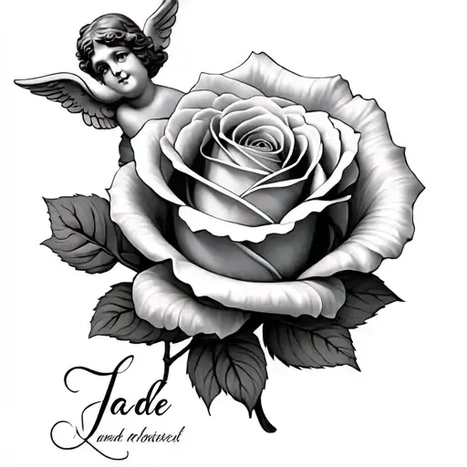 Rose petals with a cherub on top and Jade's name written on them tattoo design idea