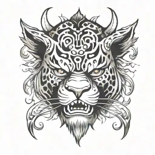 jaguar style Japanese demon face just the face with details on the jaguar's tips tattoo design idea