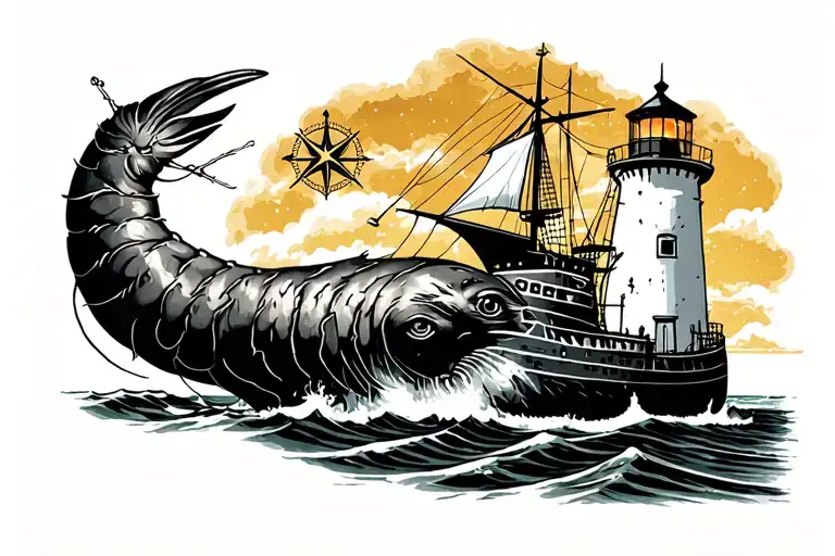 Büsum lighthouse, shrimp boat, grey seal, wind rose, compass tattoo design idea