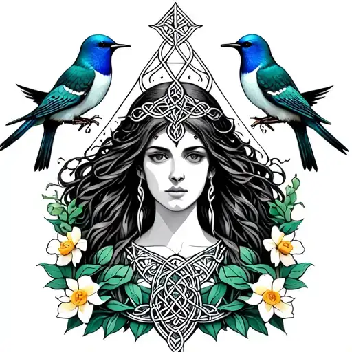 Celtic Goddess, Rhiannon. Surrounded by flying songbirds at the bottom, gates and daffodils tattoo design idea