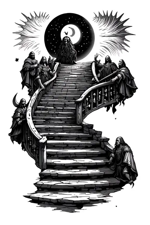 stairway to heaven with vikings at bottom and stars moon and sun in the sky  tattoo design idea