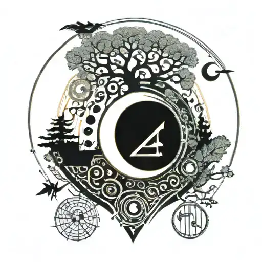Albanian symbols forming a moon shape surrounded by musical instrument cifteli and trees tattoo design idea