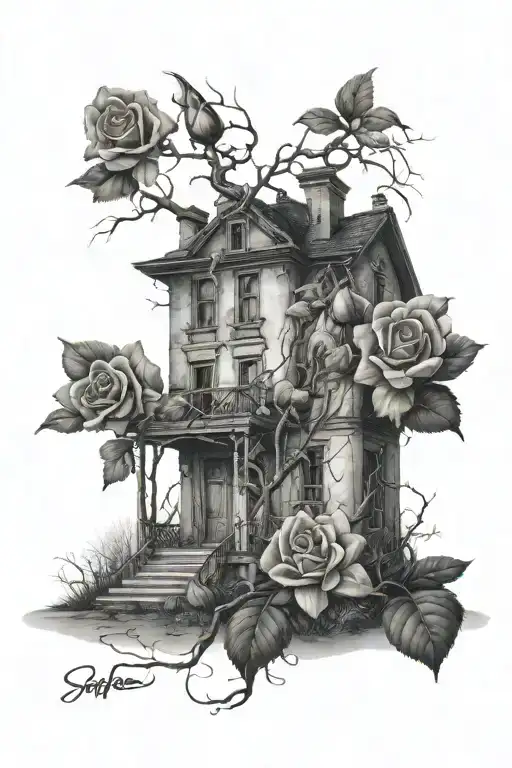 Abandoned Stalin-era house, roses, tree roots tattoo design idea